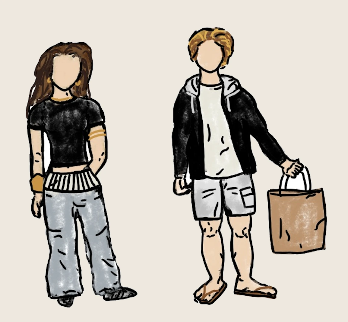 Two fashion figures with clickable dots for clothing details